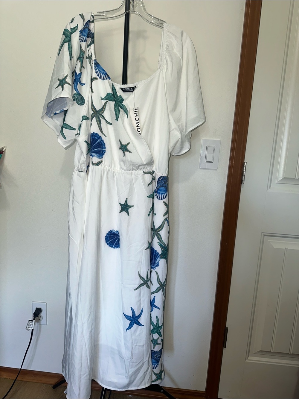 BloomChic White Midi Dress with Blue and Green Shell Print